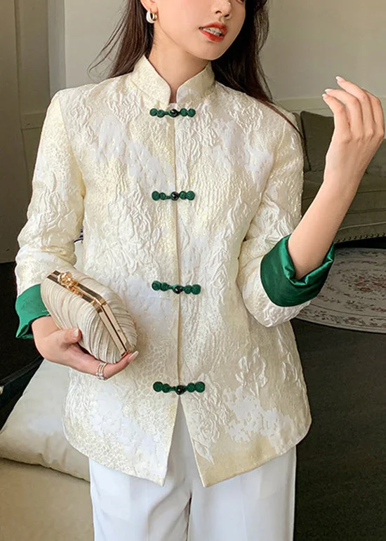 Women's knee - length wool blend coats with a fur collar for added warmthBoutique White Stand Collar Jacquard Silk Coat Long Sleeve Women's knee - length wool blend coats with a fur collar for added warmthBoutique White Stand Collar Jacquard Silk Coat Long Sleeve