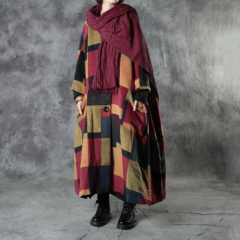 Embroidered women's cotton coats in a bohemian pattern for a unique designBoutique Yellow Plaid Pockets Button Fall Coat Long Sleeve