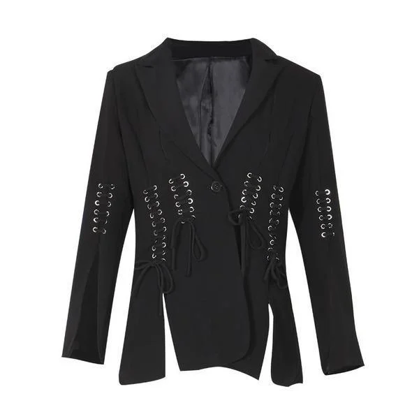 Women's long - sleeve wool coats in a houndstooth pattern for a classic charmBows Drawstring Blazer Women Tide Fashion New Streetwear Style Notched Collar Long Sleeve Split Match All Slim Coat Women's long - sleeve wool coats in a houndstooth pattern for a classic charmBows Drawstring Blazer Women Tide Fashion New Streetwear Style Notched Collar Long Sleeve Split Match All Slim Coat