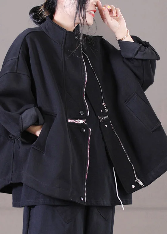 Petite women's wool blend coats with a tailored fit for a flattering silhouetteBrief Black Peter Pan Collar Zippered Patchwork Pockets Cotton Coat Long Sleeve