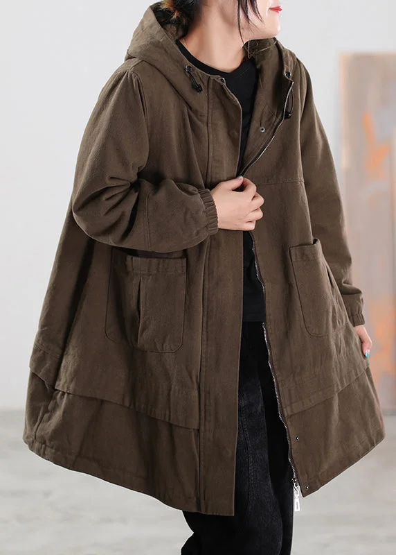 Women's pea coats with brass buttons for a nautical - inspired styleBrief Coffee Zippered Button Pockets Drawstring Hooded Coats Winter