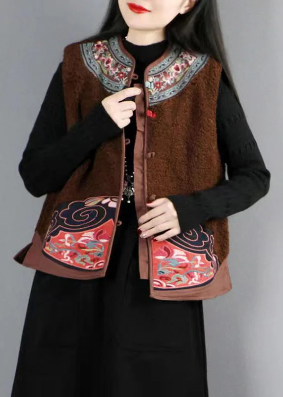 Mid - length women's down coats in a slim fit for a modern and sleek appearanceBrown Button Patchwork Teddy Faux Fur Waistcoat O Neck Sleeveless
