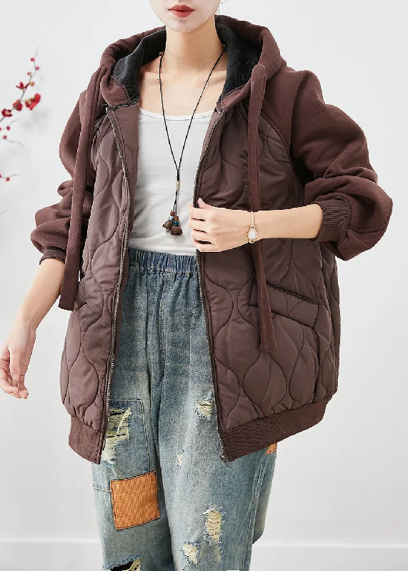 Women's long - sleeve wool coats in a houndstooth pattern for a classic charmBrown Patchwork Fine Cotton Filled Puffer Jacket Hooded Oversized Winter