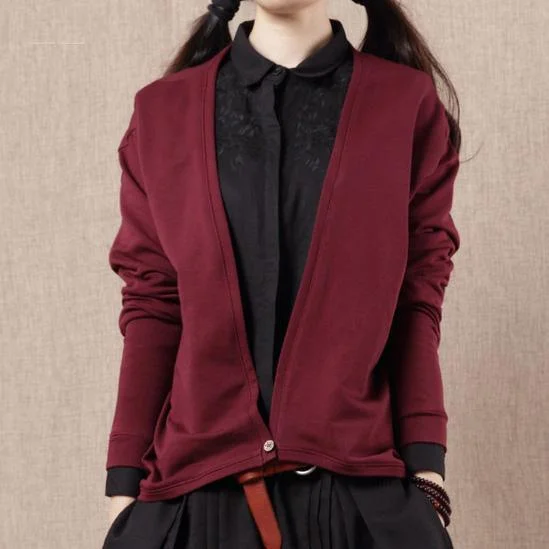 Oversized women's wool coats in a monochromatic look for a trendy outfitBurgundy Deep V knitted cotton cardigan jacket