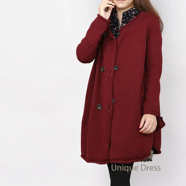 Women's reversible down coats with two - tone designs for versatile stylingBurgundy women knit coat outwear cardigan