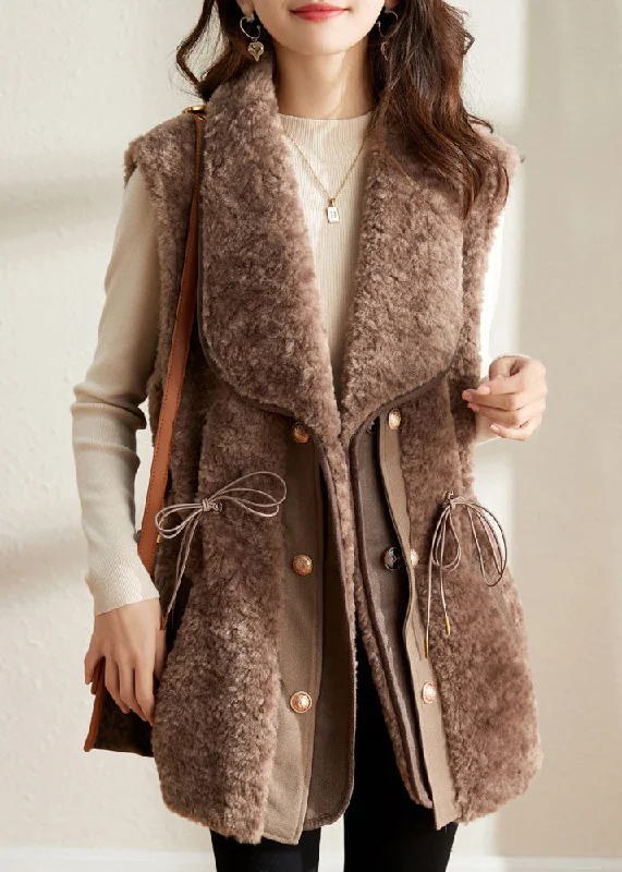 Checkered women's wool coats in a classic pattern for a timeless styleCamel Notched Drawstring Patchwork Thick Faux Fur Waistcoat Fall