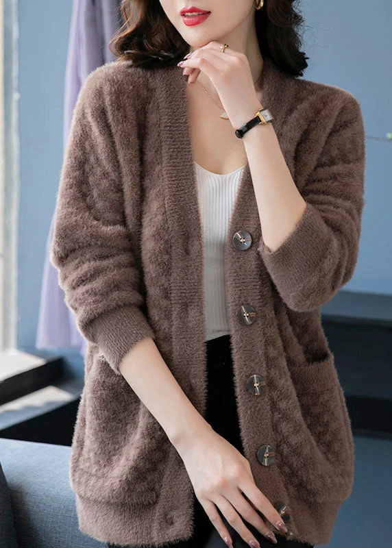 Quilted down women's coats with removable hoods for outdoor activitiesCamel Pockets Patchwork Mink Hair Knitted Coats V Neck Button Fall