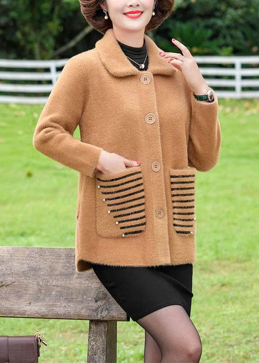 Embroidered women's cotton coats in a bohemian pattern for a unique designCamel Warm Mink Hair Knitted Coat Outwear Nail Bead Pockets Winter