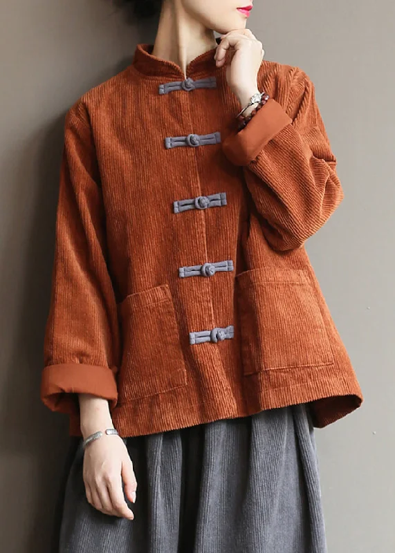 Women's knee - length wool blend coats with a fur collar for added warmthCaramel Stand Collar Corduroy Coats Fall Women's knee - length wool blend coats with a fur collar for added warmthCaramel Stand Collar Corduroy Coats Fall