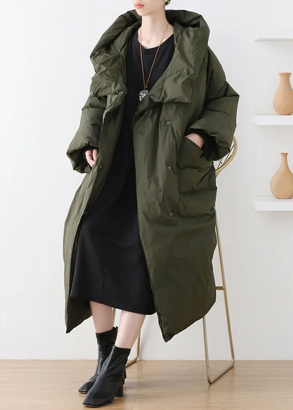 Women's reversible down coats with two - tone designs for versatile stylingCasual Army Green Turtleneck Zippered Duck Down Hooded Long Down Coat Winter