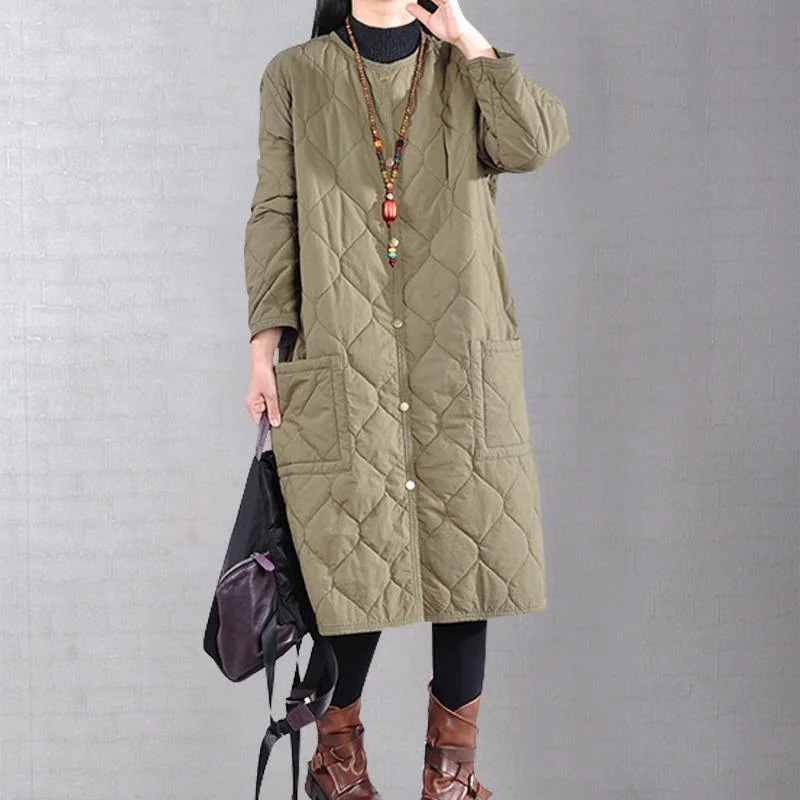 Women's cropped leather coats with silver studs for an edgy lookCasual army green womens coat soversized Coats o neck pockets winter outwear