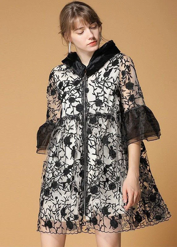 Quilted down women's coats with removable hoods for outdoor activitiesCasual Black Hooded Embroideried Patchwork Organza Coats Half Sleeve Quilted down women's coats with removable hoods for outdoor activitiesCasual Black Hooded Embroideried Patchwork Organza Coats Half Sleeve