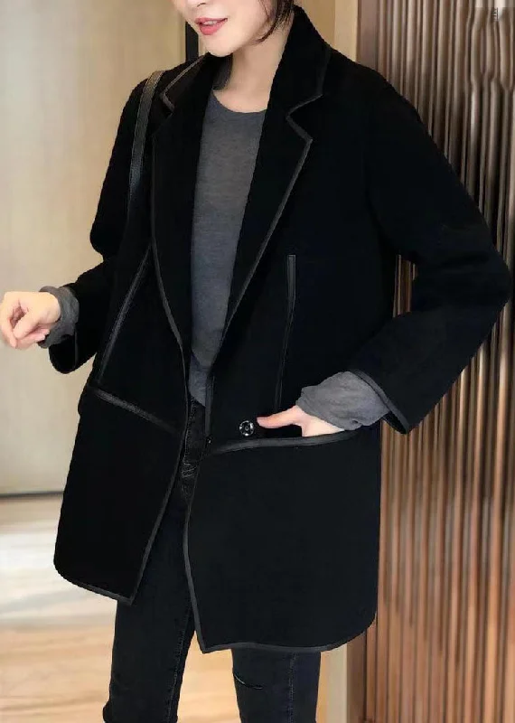 Belted women's cashmere coats in soft pastels for a luxurious feelCasual Black Notched Patchwork Pockets Wool Blend Coat Fall