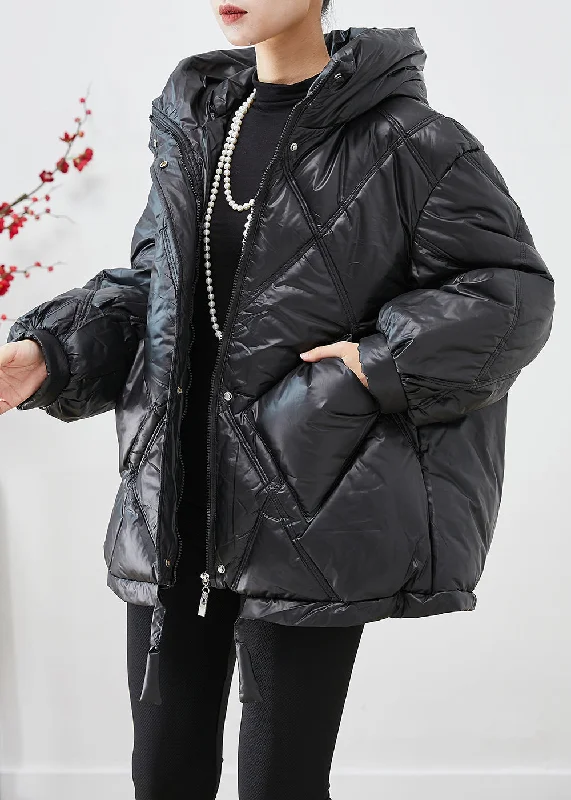 Shearling - lined women's leather coats for ultimate warmth and luxuryCasual Black Oversized Drawstring Fine Cotton Filled Witner Jacket