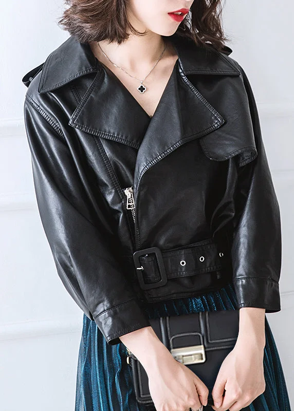 Women's longline double - breasted camel coats for a sophisticated lookCasual Black Peter Pan Collar Zippered Patchwork Faux Leather Jacket Fall