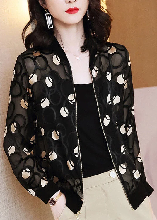 Water - resistant women's trench coats with adjustable cuffs for rainy daysCasual Black V Neck Print Zippered Silk UPF 50+ Coat Long Sleeve