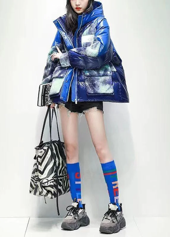 Hooded women's puffer coats in neon colors for high - visibility sportsCasual Blue Hooded Patchwork Print Duck Down Puffer Jacket Winter