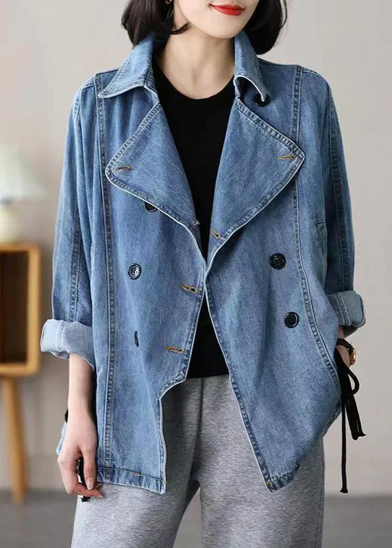Women's pea coats with brass buttons for a nautical - inspired styleCasual Blue Notched Patchwork Tie Waist Denim Coats Long Sleeve Women's pea coats with brass buttons for a nautical - inspired styleCasual Blue Notched Patchwork Tie Waist Denim Coats Long Sleeve