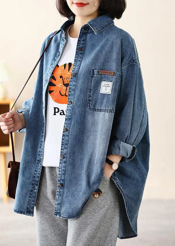 Shearling - lined women's leather coats for ultimate warmth and luxuryCasual Blue Peter Pan Collar Oversized Applique Cotton Denim Coat Spring Shearling - lined women's leather coats for ultimate warmth and luxuryCasual Blue Peter Pan Collar Oversized Applique Cotton Denim Coat Spring