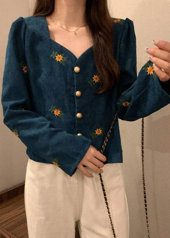 Women's long - sleeve wool coats in a houndstooth pattern for a classic charmCasual Blue V Neck Embroideried Corduroy coats Long Sleeve
