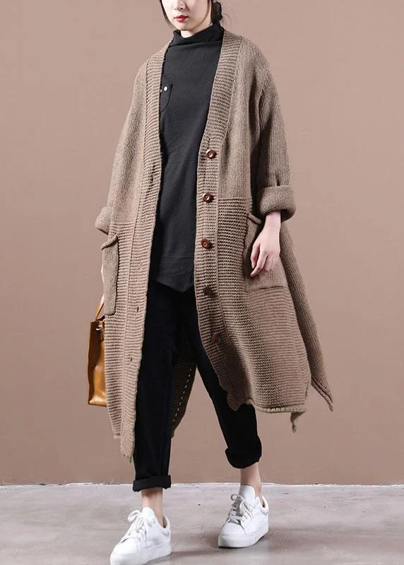 Quilted down women's coats with removable hoods for outdoor activitiesCasual Chocolate V Neck Pockets Fall Long Sweater Coat