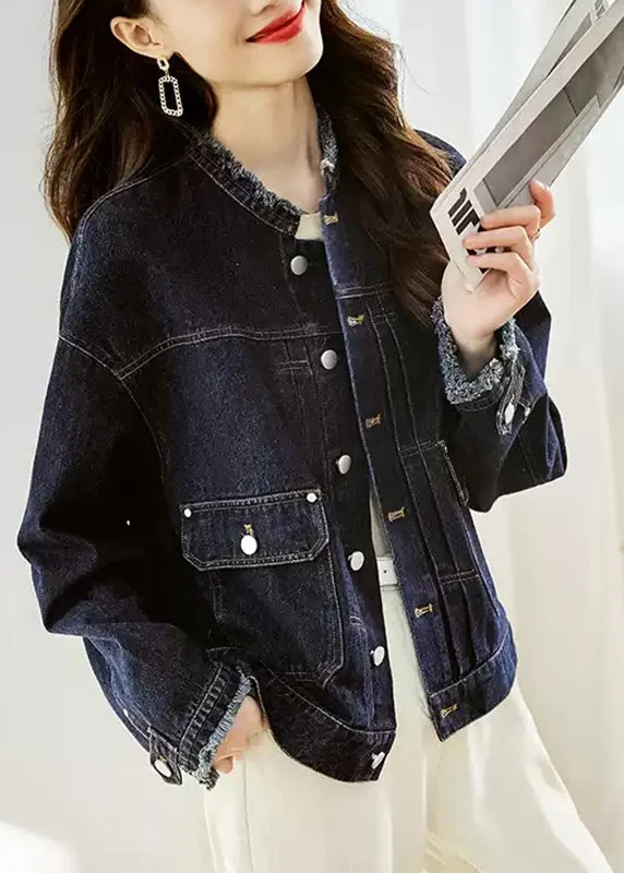 Women's reversible down coats with two - tone designs for versatile stylingCasual Dark Blue O-Neck Pockets Patchwork Denim Coats Fall Women's reversible down coats with two - tone designs for versatile stylingCasual Dark Blue O-Neck Pockets Patchwork Denim Coats Fall