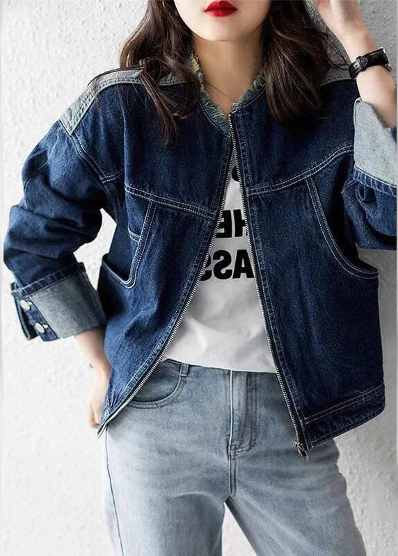 Long women's mac coats in a lightweight fabric for spring showersCasual Denim Blue O-Neck Zippered Patchwork Coat Long Sleeve Long women's mac coats in a lightweight fabric for spring showersCasual Denim Blue O-Neck Zippered Patchwork Coat Long Sleeve