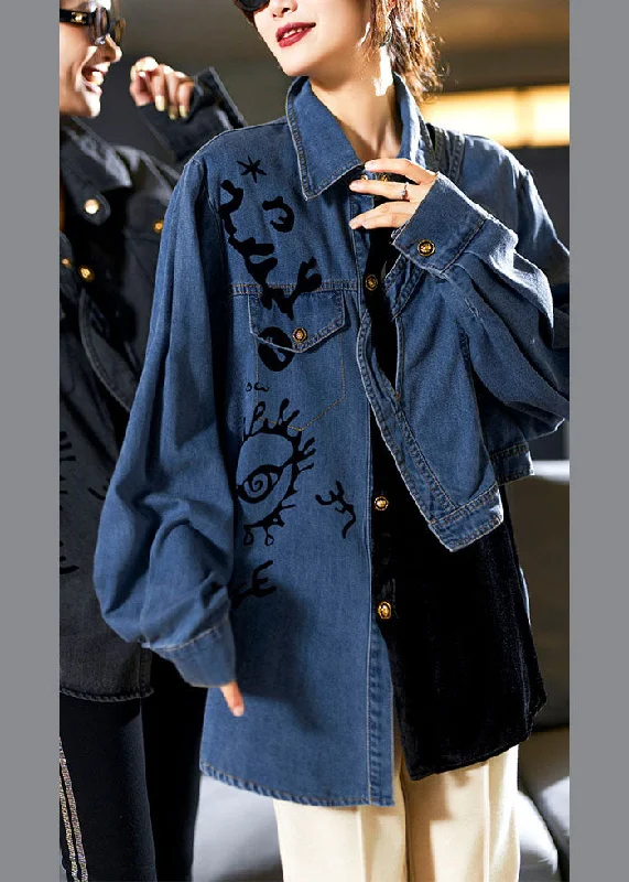 Women's longline double - breasted camel coats for a sophisticated lookCasual Denim Blue Peter Pan Collar Asymmetrical Print Button Cotton Coats Long Sleeve Women's longline double - breasted camel coats for a sophisticated lookCasual Denim Blue Peter Pan Collar Asymmetrical Print Button Cotton Coats Long Sleeve