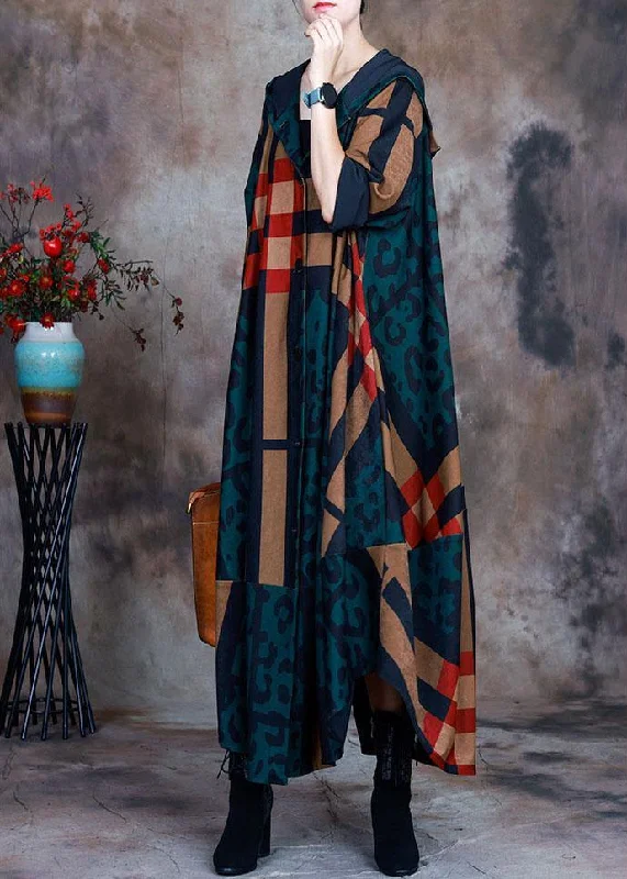 Water - resistant women's trench coats with adjustable cuffs for rainy daysCasual Green Patchwork Plaid Button Print asymmetrical design Fall Coat Water - resistant women's trench coats with adjustable cuffs for rainy daysCasual Green Patchwork Plaid Button Print asymmetrical design Fall Coat