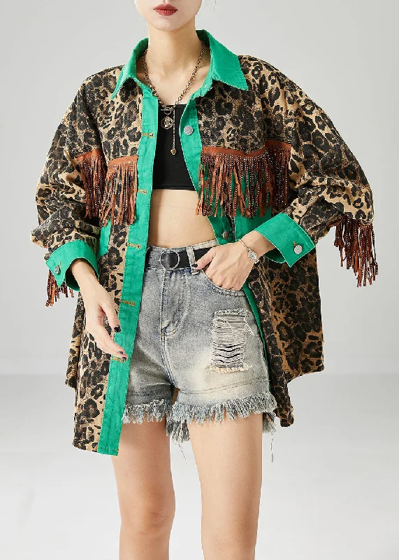 Women's knee - length wool blend coats with a fur collar for added warmthCasual Green Tasseled Patchwork Leopard Print Cotton Coats Fall Women's knee - length wool blend coats with a fur collar for added warmthCasual Green Tasseled Patchwork Leopard Print Cotton Coats Fall