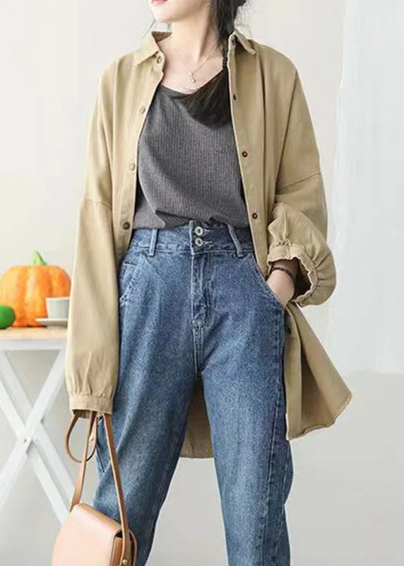 Checkered women's wool coats in a classic pattern for a timeless styleCasual Khaki Peter Pan Collar Pockets Button Mid Coat Lantern Sleeve Checkered women's wool coats in a classic pattern for a timeless styleCasual Khaki Peter Pan Collar Pockets Button Mid Coat Lantern Sleeve