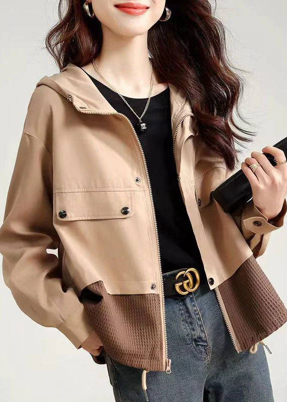 Women's long - sleeve wool coats in a houndstooth pattern for a classic charmCasual Light Khaki Zip Up Patchwork Cotton Hooded Jacket Fall Women's long - sleeve wool coats in a houndstooth pattern for a classic charmCasual Light Khaki Zip Up Patchwork Cotton Hooded Jacket Fall