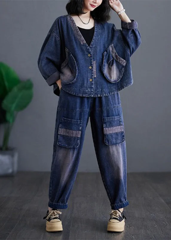 Water - resistant women's trench coats with adjustable cuffs for rainy daysCasual Navy V Neck Patchwork Denim Coats And Harem Pants Two Pieces Sets Long Sleeve Water - resistant women's trench coats with adjustable cuffs for rainy daysCasual Navy V Neck Patchwork Denim Coats And Harem Pants Two Pieces Sets Long Sleeve