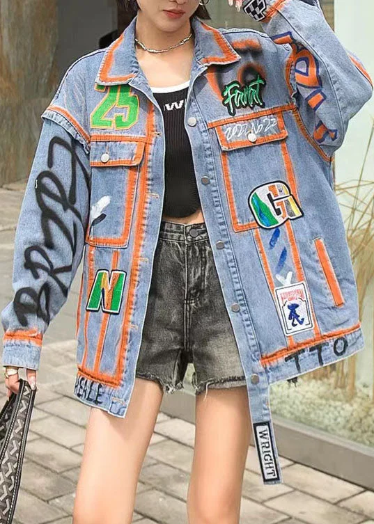 Mid - length women's down coats in a slim fit for a modern and sleek appearanceCasual Orange Peter Pan Collar Pockets Graphic Patchwork Denim Coat Spring Mid - length women's down coats in a slim fit for a modern and sleek appearanceCasual Orange Peter Pan Collar Pockets Graphic Patchwork Denim Coat Spring