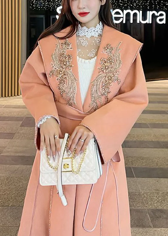 Oversized women's wool coats in a monochromatic look for a trendy outfitCasual Orange Pink Embroideried Decorated Tie Waist Woolen Coats Fall Oversized women's wool coats in a monochromatic look for a trendy outfitCasual Orange Pink Embroideried Decorated Tie Waist Woolen Coats Fall