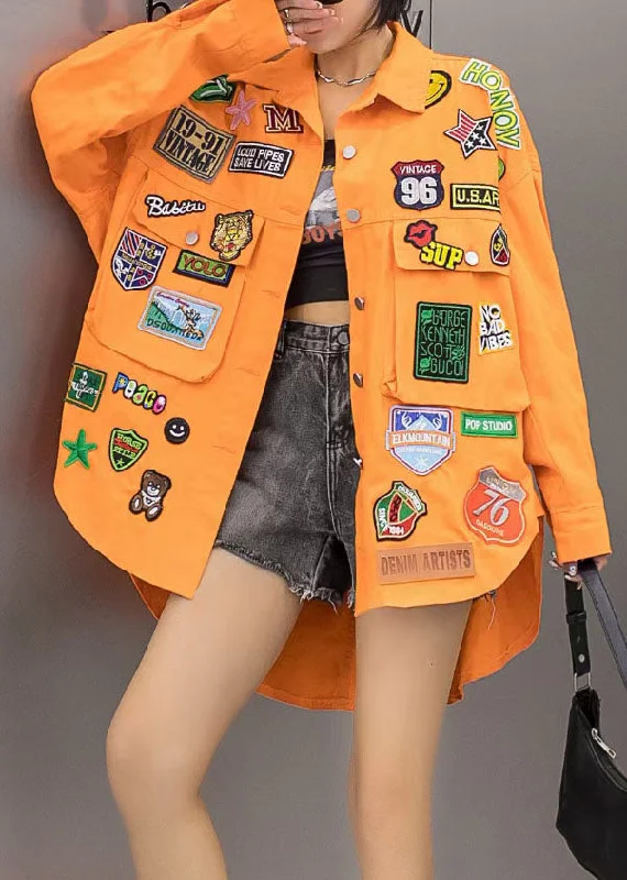 Plus size women's wool blend coats for a warm and stylish winterCasual Orange Pockets Graphic Patchwork Denim Coat Spring Plus size women's wool blend coats for a warm and stylish winterCasual Orange Pockets Graphic Patchwork Denim Coat Spring