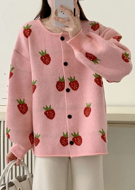 Mid - length women's down coats in a slim fit for a modern and sleek appearanceCasual Pink Strawberry Floral Cotton Knit Sweaters Coats Fall Mid - length women's down coats in a slim fit for a modern and sleek appearanceCasual Pink Strawberry Floral Cotton Knit Sweaters Coats Fall