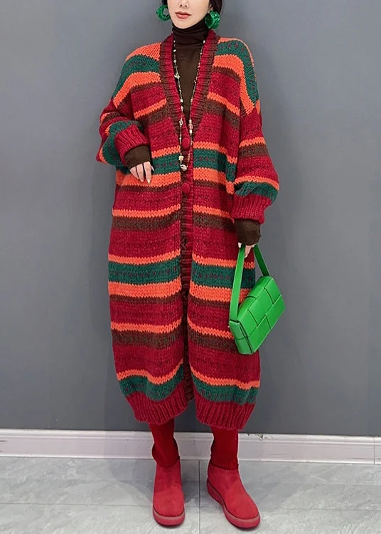 Women's faux fur coats in bright colors for a bold fashion statementCasual Red Striped V Neck Button Patchwork Knit Coat Fall Women's faux fur coats in bright colors for a bold fashion statementCasual Red Striped V Neck Button Patchwork Knit Coat Fall