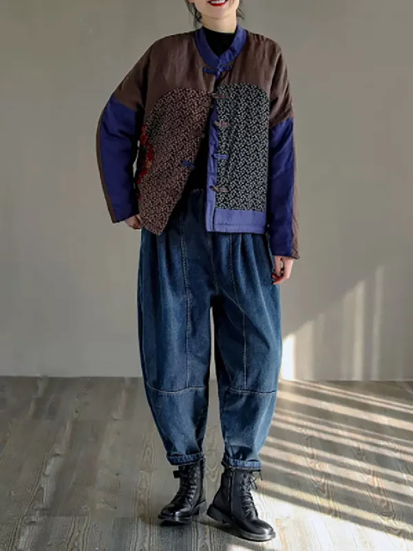 Embroidered women's cotton coats in a bohemian pattern for a unique designCasual Winter O-neck Stand Collar Cotton Coat