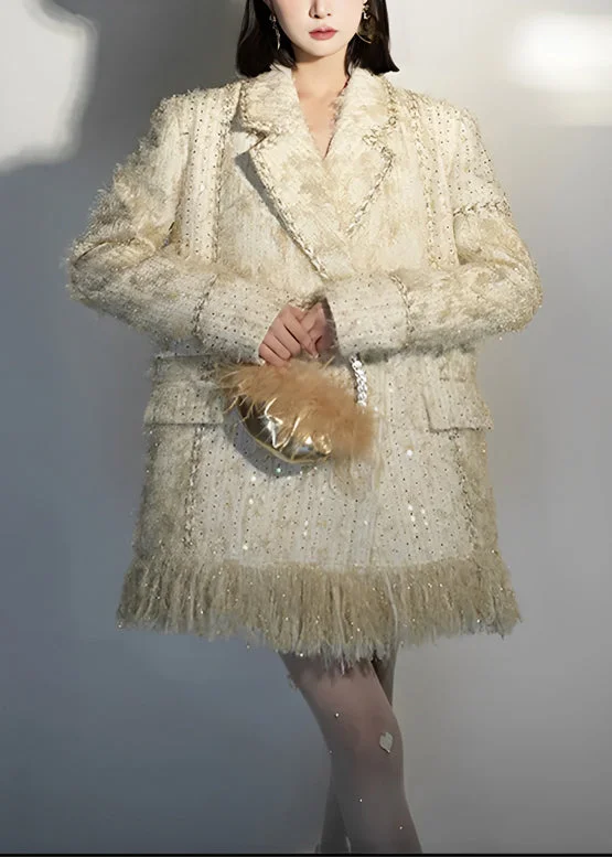 Women's cropped leather coats with silver studs for an edgy lookChic Beige Peter Pan Collar Tasseled Patchwork Cotton Coat Long Sleeve Women's cropped leather coats with silver studs for an edgy lookChic Beige Peter Pan Collar Tasseled Patchwork Cotton Coat Long Sleeve