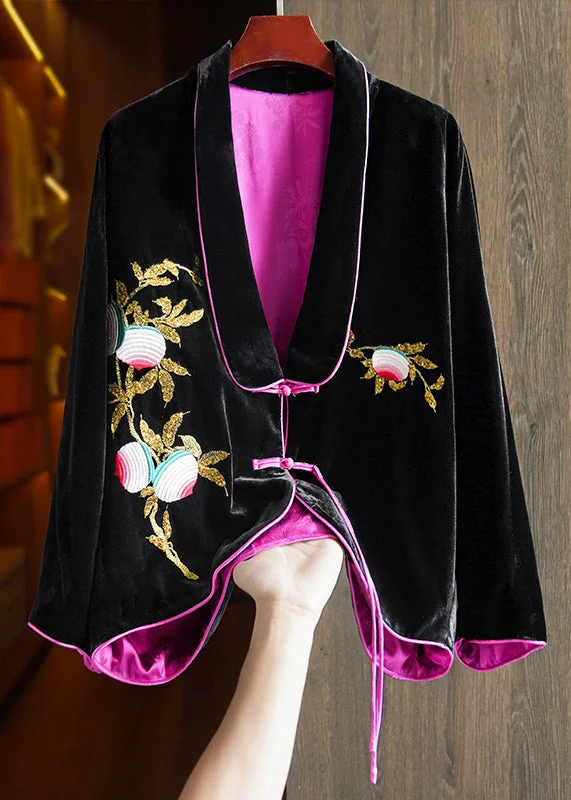 Women's long - sleeve wool coats in a houndstooth pattern for a classic charmChic Black Chinese Button Embroideried Silk Velour Coats Long Sleeve Women's long - sleeve wool coats in a houndstooth pattern for a classic charmChic Black Chinese Button Embroideried Silk Velour Coats Long Sleeve
