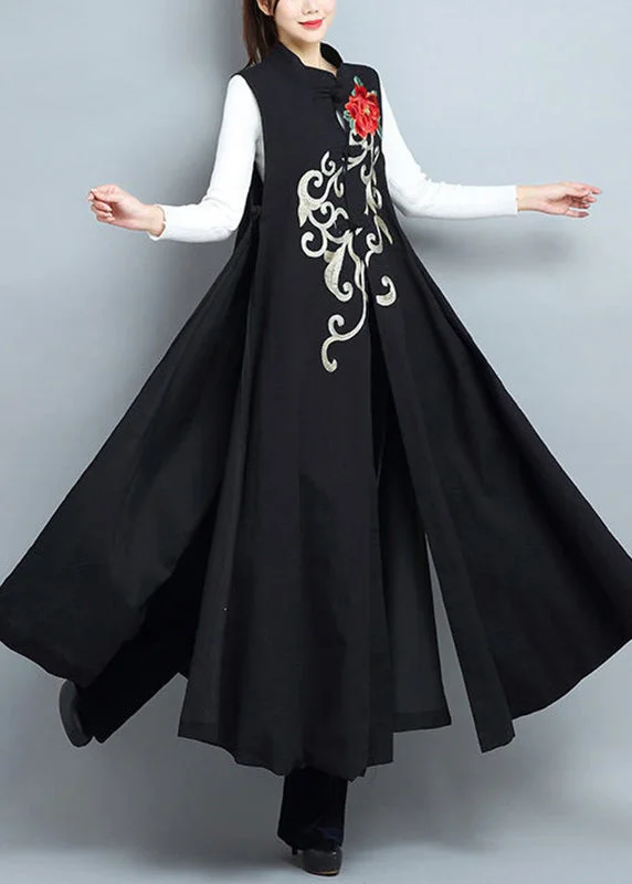Hooded women's puffer coats in neon colors for high - visibility sportsChic Black Embroideried Side Open Patchwork Cotton Long Waistcoat Sleeveless Hooded women's puffer coats in neon colors for high - visibility sportsChic Black Embroideried Side Open Patchwork Cotton Long Waistcoat Sleeveless