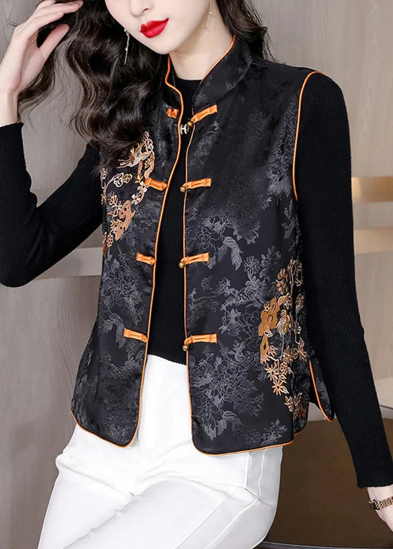 Belted women's cashmere coats in soft pastels for a luxurious feelChic Black Stand Collar Embroideried Floral Button Silk Waistcoat Sleeveless Belted women's cashmere coats in soft pastels for a luxurious feelChic Black Stand Collar Embroideried Floral Button Silk Waistcoat Sleeveless