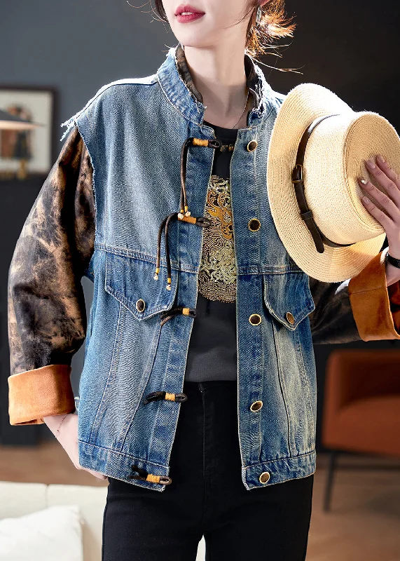 Quilted down women's coats with removable hoods for outdoor activitiesChic Blue Button Print Patchwork Denim Coat Spring Quilted down women's coats with removable hoods for outdoor activitiesChic Blue Button Print Patchwork Denim Coat Spring