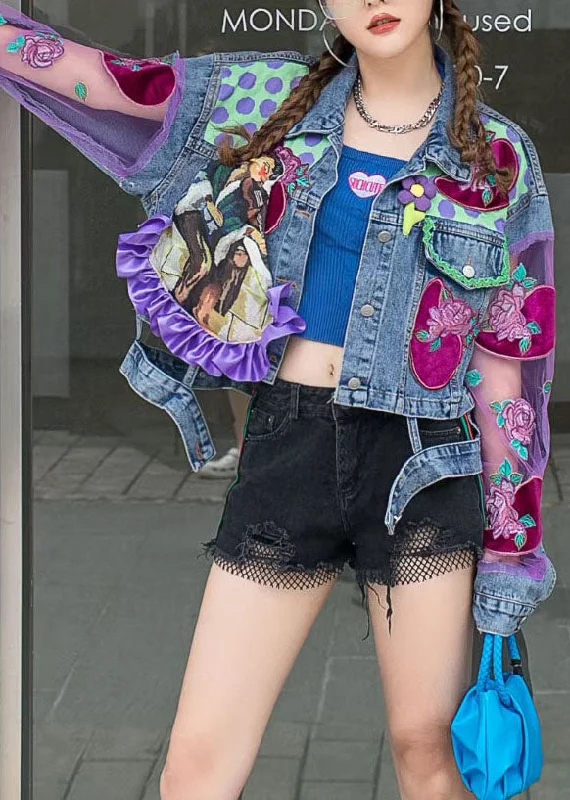 Water - resistant women's trench coats with adjustable cuffs for rainy daysChic Blue Ruffled Tulle Embroideried Patchwork Denim Jacket Spring Water - resistant women's trench coats with adjustable cuffs for rainy daysChic Blue Ruffled Tulle Embroideried Patchwork Denim Jacket Spring