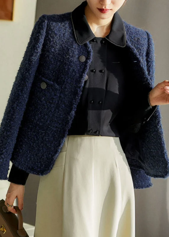 Embroidered women's cotton coats in a bohemian pattern for a unique designChic Blue V Neck Button Pockets Ma Hai mao Coat Long Sleeve