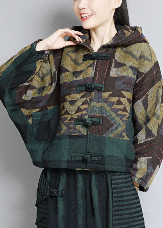 Women's reversible down coats with two - tone designs for versatile stylingChic Green Hooded Patchwork Oriental Button Fine Cotton Filled Jackets Winter Women's reversible down coats with two - tone designs for versatile stylingChic Green Hooded Patchwork Oriental Button Fine Cotton Filled Jackets Winter
