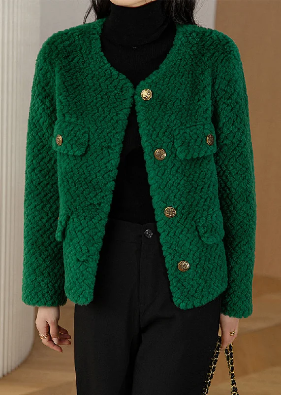 Petite women's wool blend coats with a tailored fit for a flattering silhouetteChic Green O-Neck Button Woolen Coat Long Sleeve