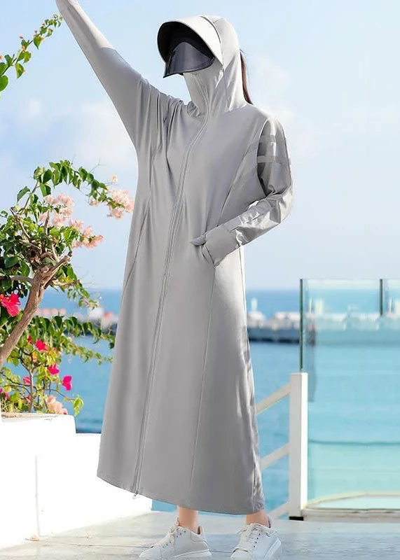 Checkered women's wool coats in a classic pattern for a timeless styleChic Grey Hooded Pockets Patchwork Long Ice Silk UPF 50+ Coat Summer Checkered women's wool coats in a classic pattern for a timeless styleChic Grey Hooded Pockets Patchwork Long Ice Silk UPF 50+ Coat Summer
