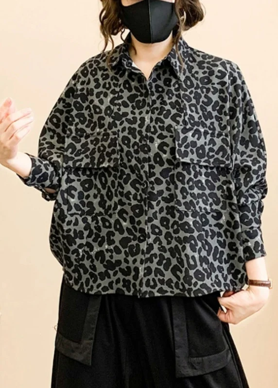 Petite women's wool blend coats with a tailored fit for a flattering silhouetteChic Grey Leopard Print Button Patchwork Cotton Coat Fall
